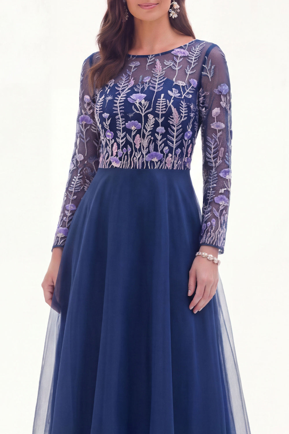 Navy Floral Long Sleeves Illusion Boat Neck Wedding Guest Dress
