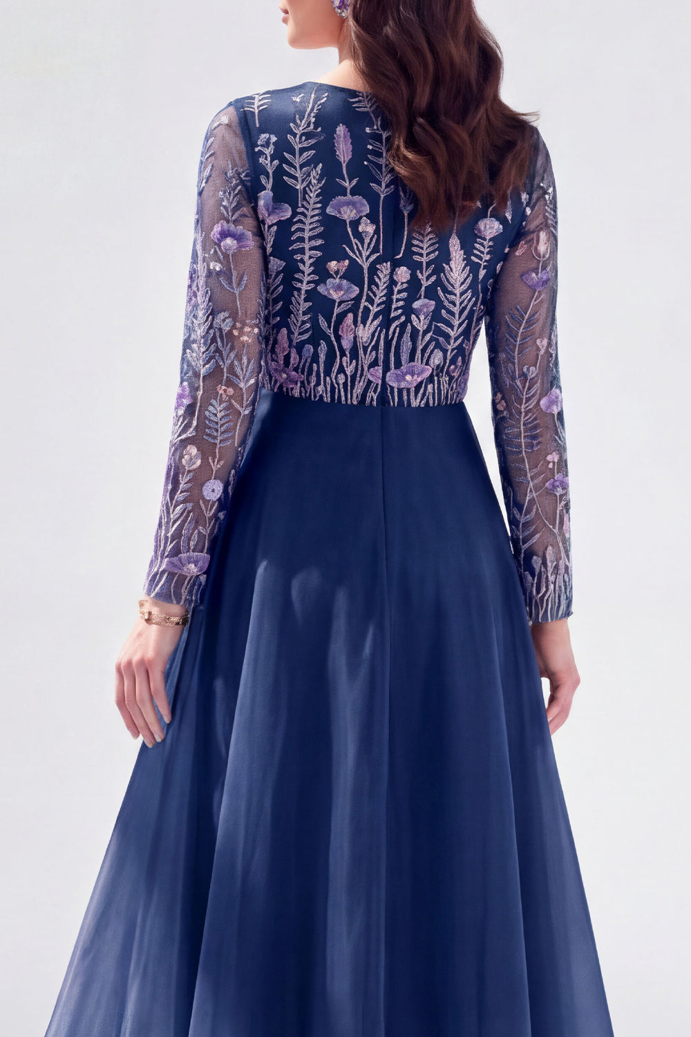Navy Floral Long Sleeves Illusion Boat Neck Wedding Guest Dress
