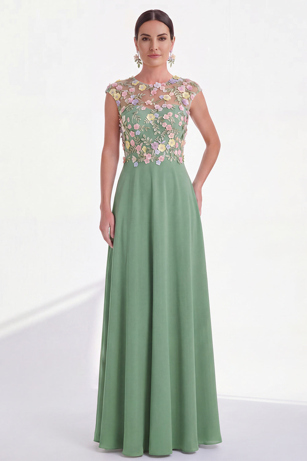 A Line Pink Round Neck Long Wedding Guest Dress with 3D Flowers