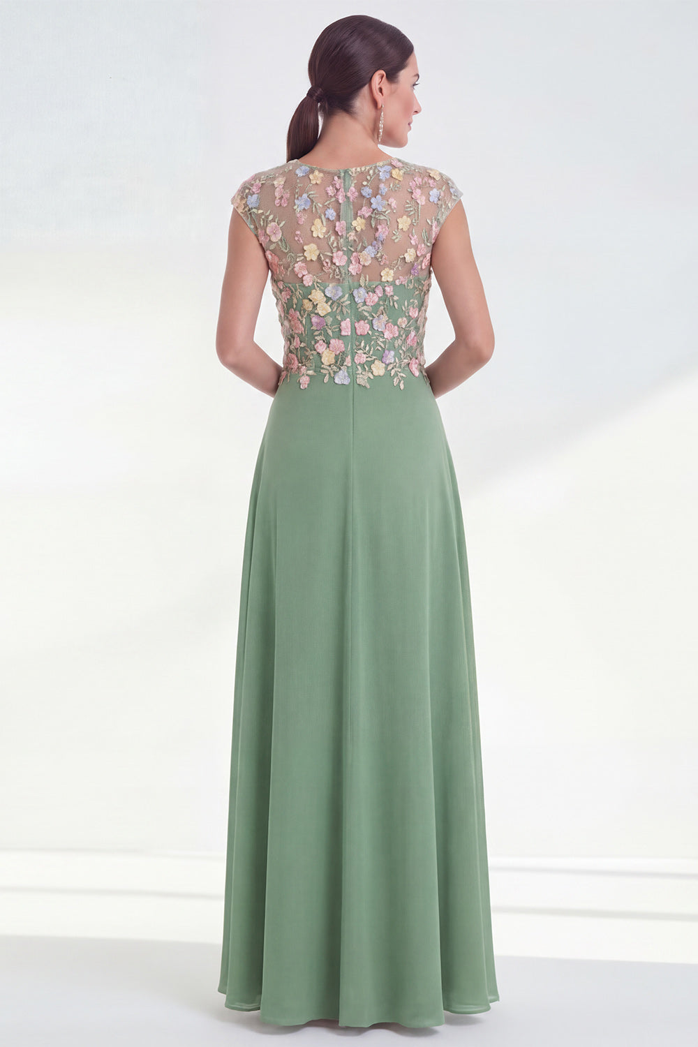 A Line Pink Round Neck Long Wedding Guest Dress with 3D Flowers