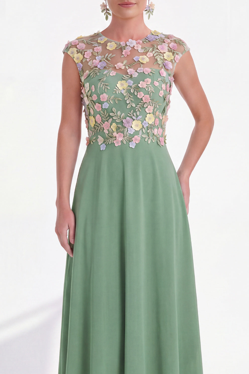 A Line Pink Round Neck Long Wedding Guest Dress with 3D Flowers