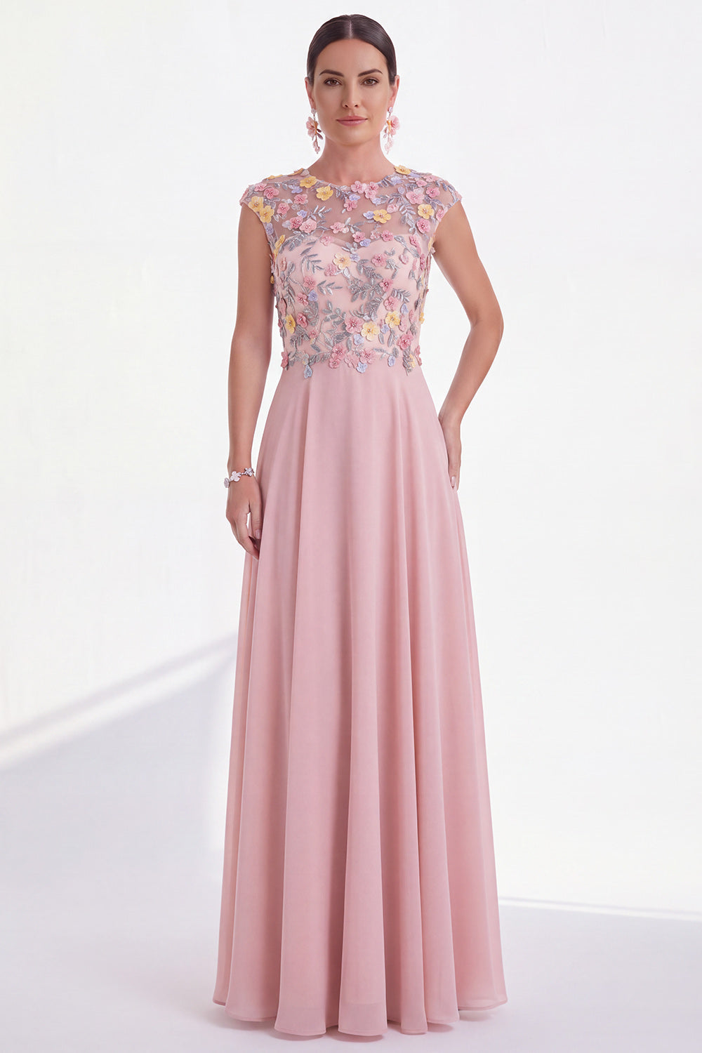 A Line Pink Round Neck Long Wedding Guest Dress with 3D Flowers