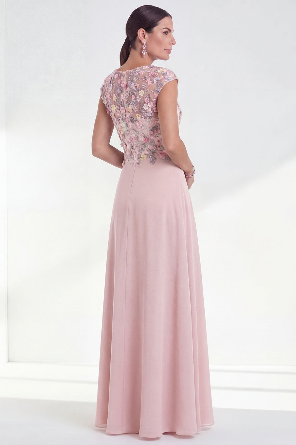 A Line Pink Round Neck Long Wedding Guest Dress with 3D Flowers