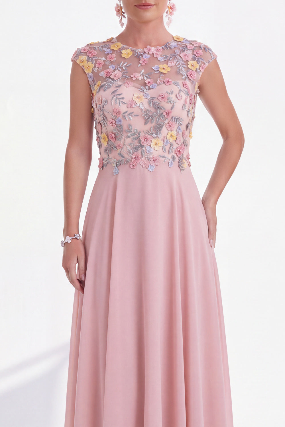 A Line Pink Round Neck Long Wedding Guest Dress with 3D Flowers
