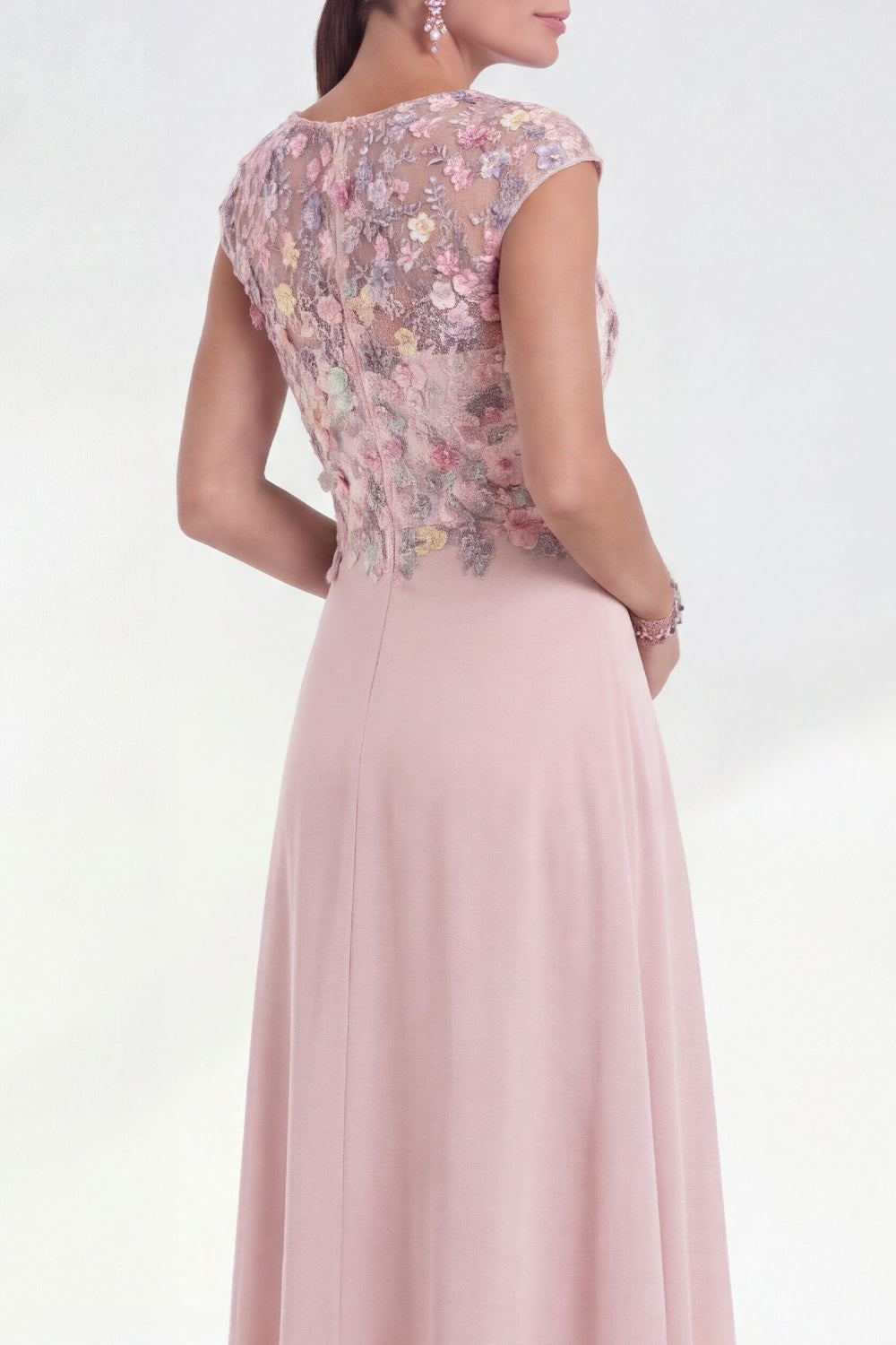 A Line Pink Round Neck Long Wedding Guest Dress with 3D Flowers