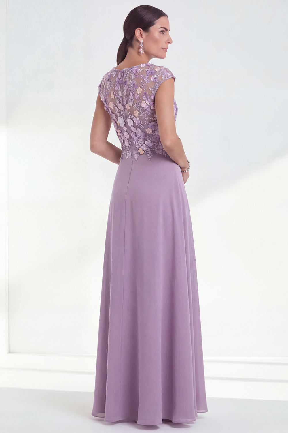 A Line Pink Round Neck Long Wedding Guest Dress with 3D Flowers