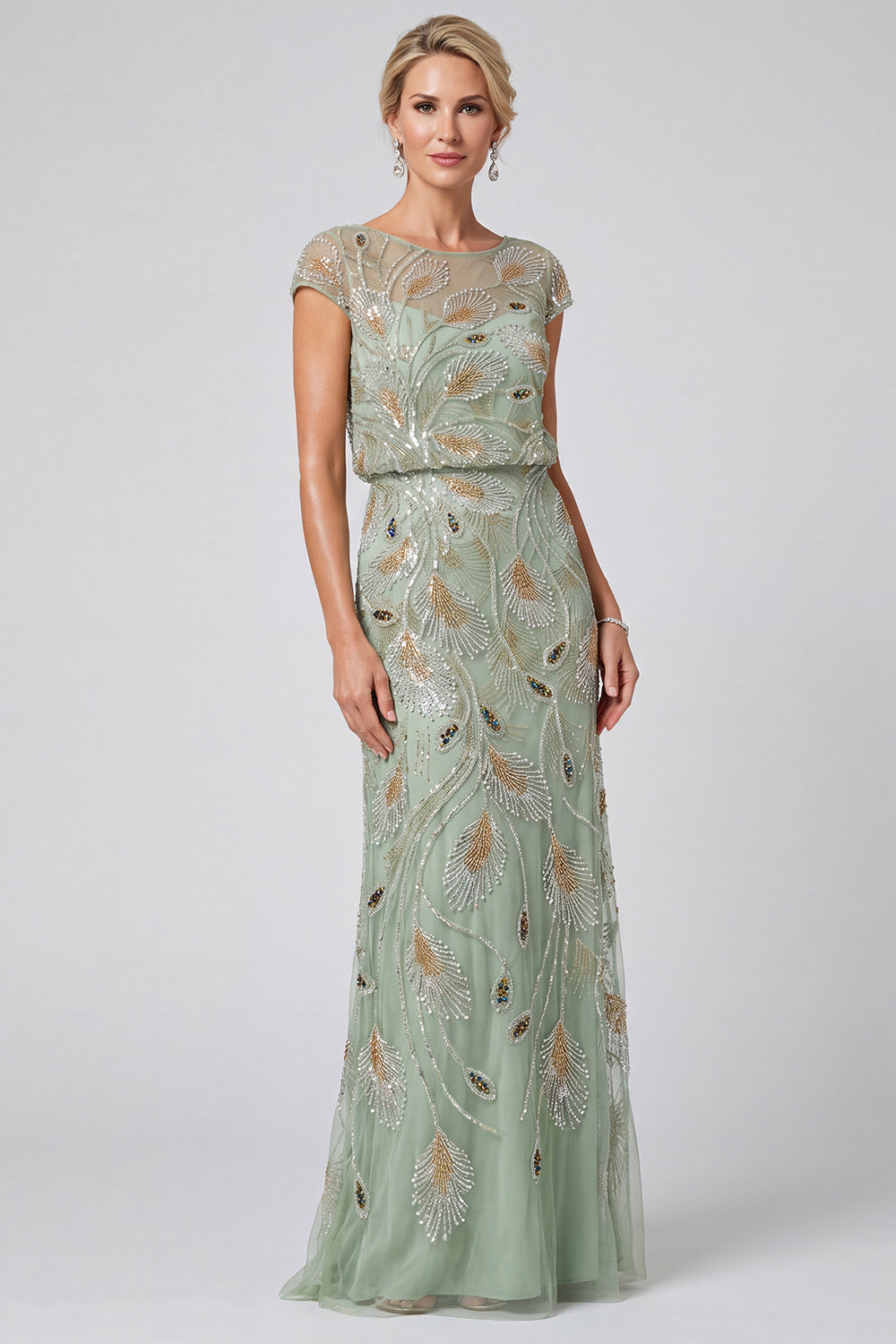 Green Sparkly Beaded Sheath Illusion Boat Neck Long Wedding Guest Dress