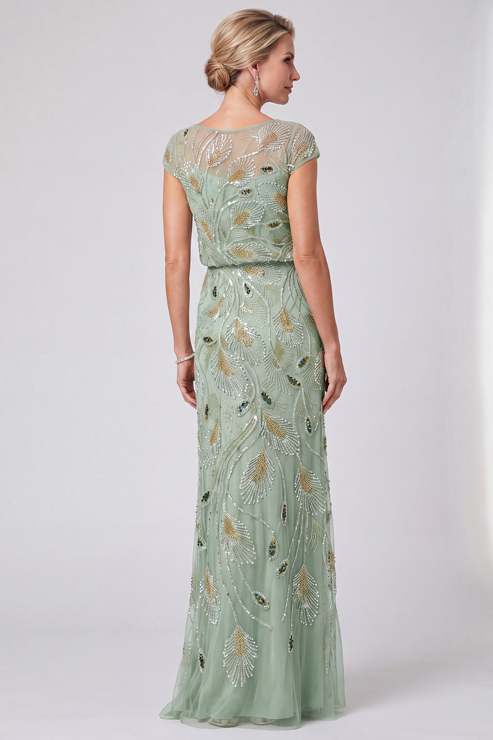 Green Sparkly Beaded Sheath Illusion Boat Neck Long Wedding Guest Dress