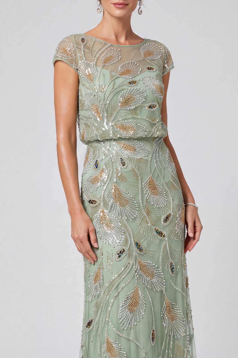Green Sparkly Beaded Sheath Illusion Boat Neck Long Wedding Guest Dress