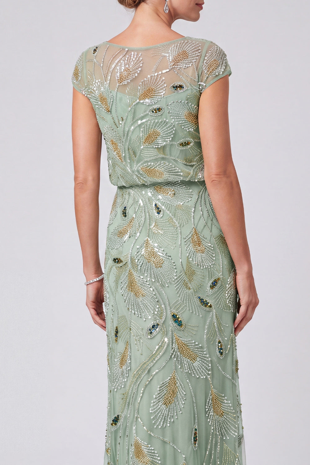Green Sparkly Beaded Sheath Illusion Boat Neck Long Wedding Guest Dress