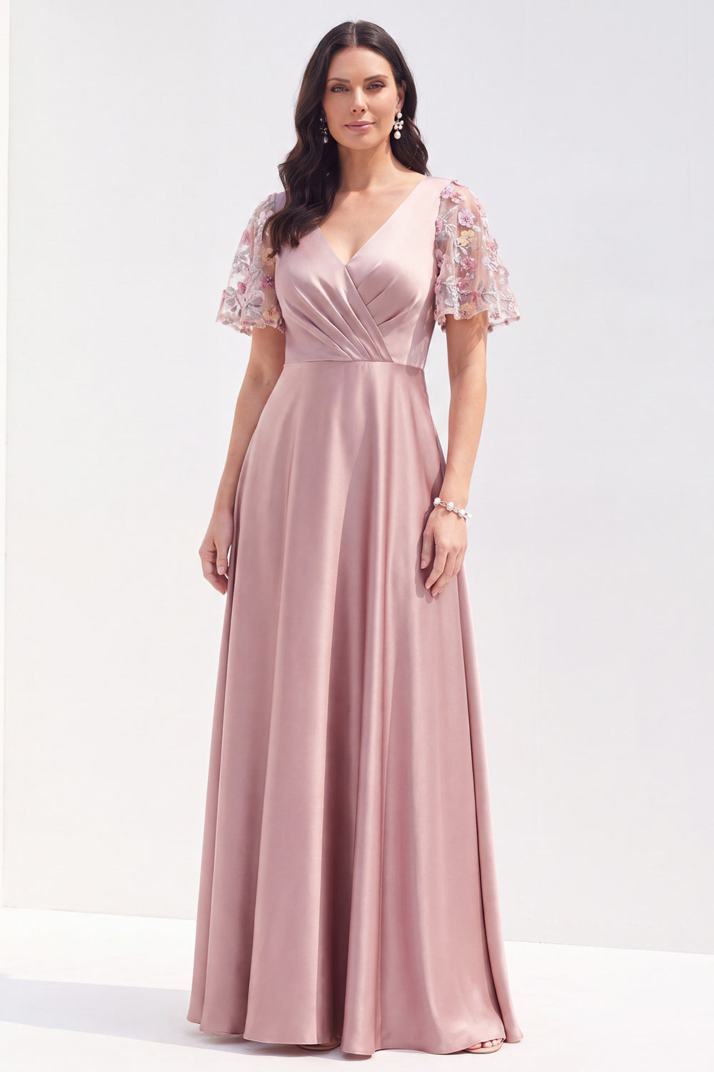 Long Grey Pink V-Neck A Line Satin Wedding Guest Dress with Sleeves