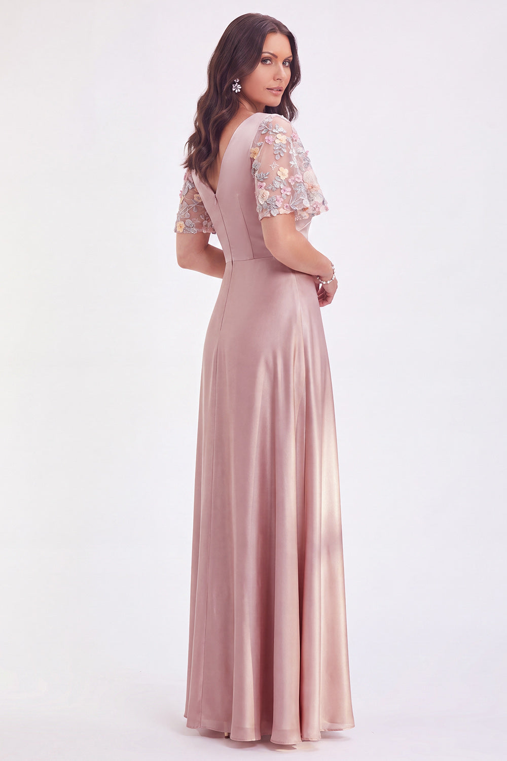 Long Grey Pink V-Neck A Line Satin Wedding Guest Dress with Sleeves