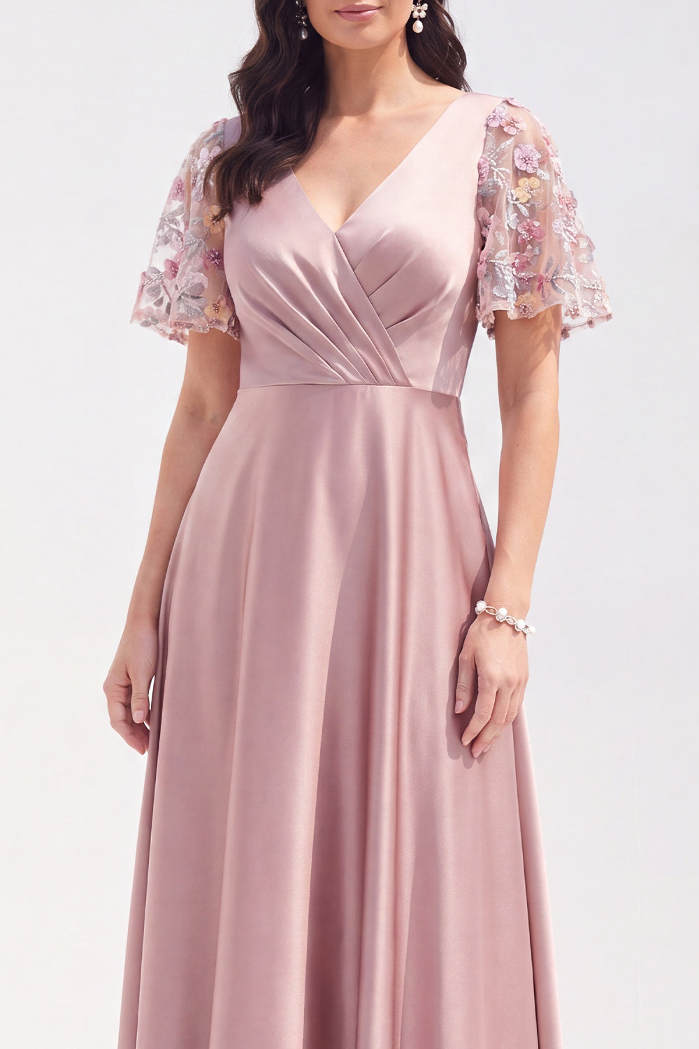 Long Grey Pink V-Neck A Line Satin Wedding Guest Dress with Sleeves