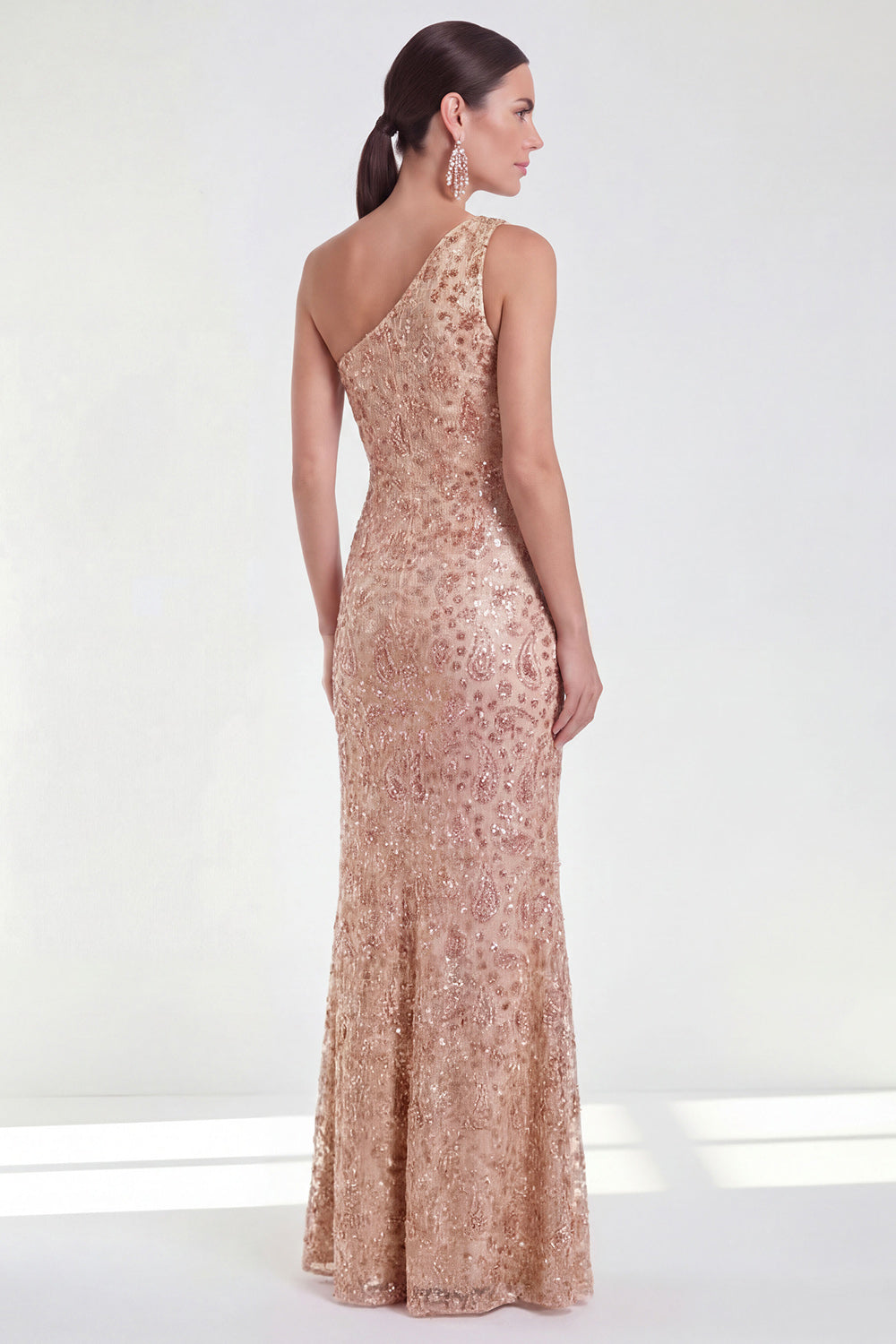 Dusty Rose Mermaid Sparkly One Shoulder Long Wedding Guest Dress