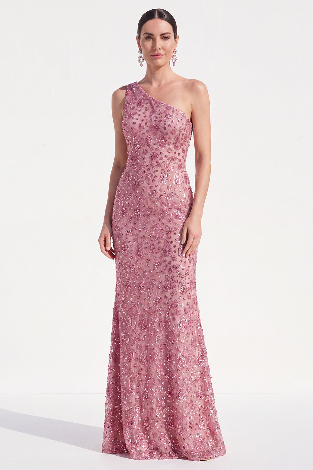 Dusty Rose Mermaid Sparkly One Shoulder Long Wedding Guest Dress