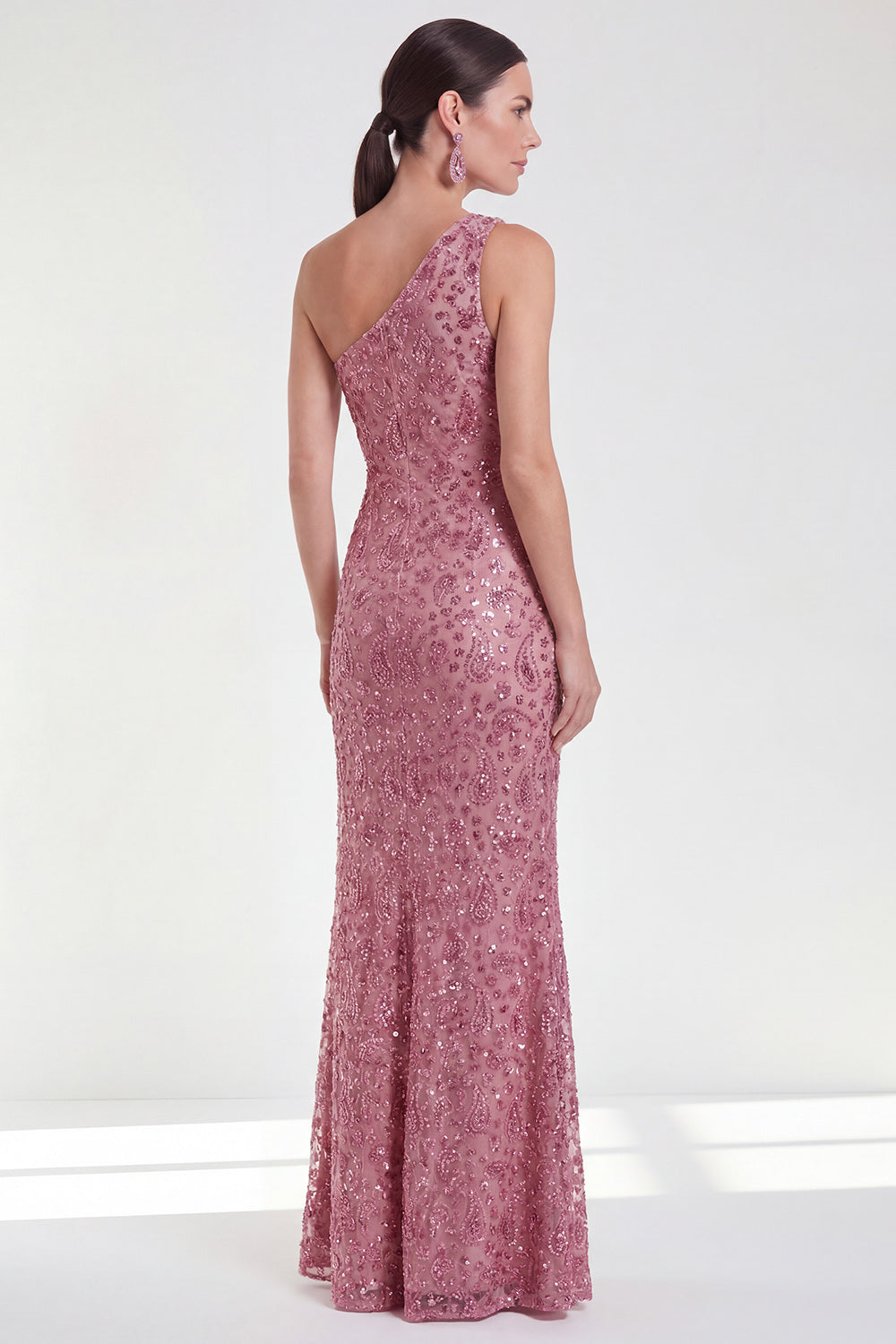 Dusty Rose Mermaid Sparkly One Shoulder Long Wedding Guest Dress