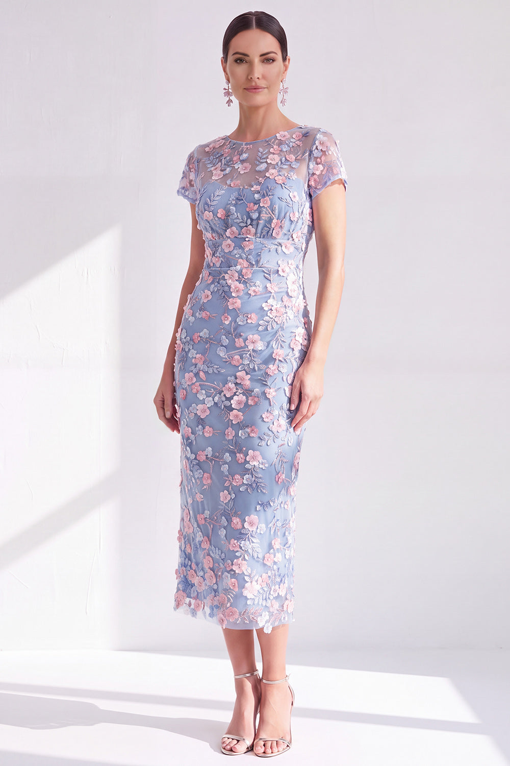 Dusty Sage Illusion Round Neck Midi Wedding Guest Dress with 3D Flowers
