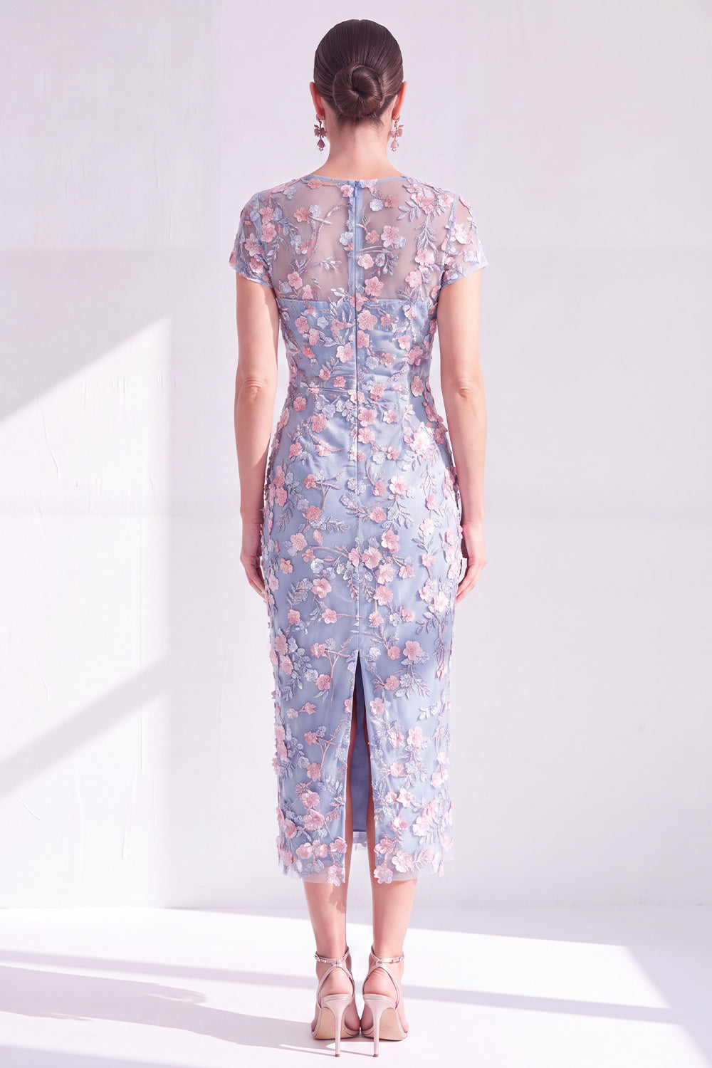 Dusty Sage Illusion Round Neck Midi Wedding Guest Dress with 3D Flowers