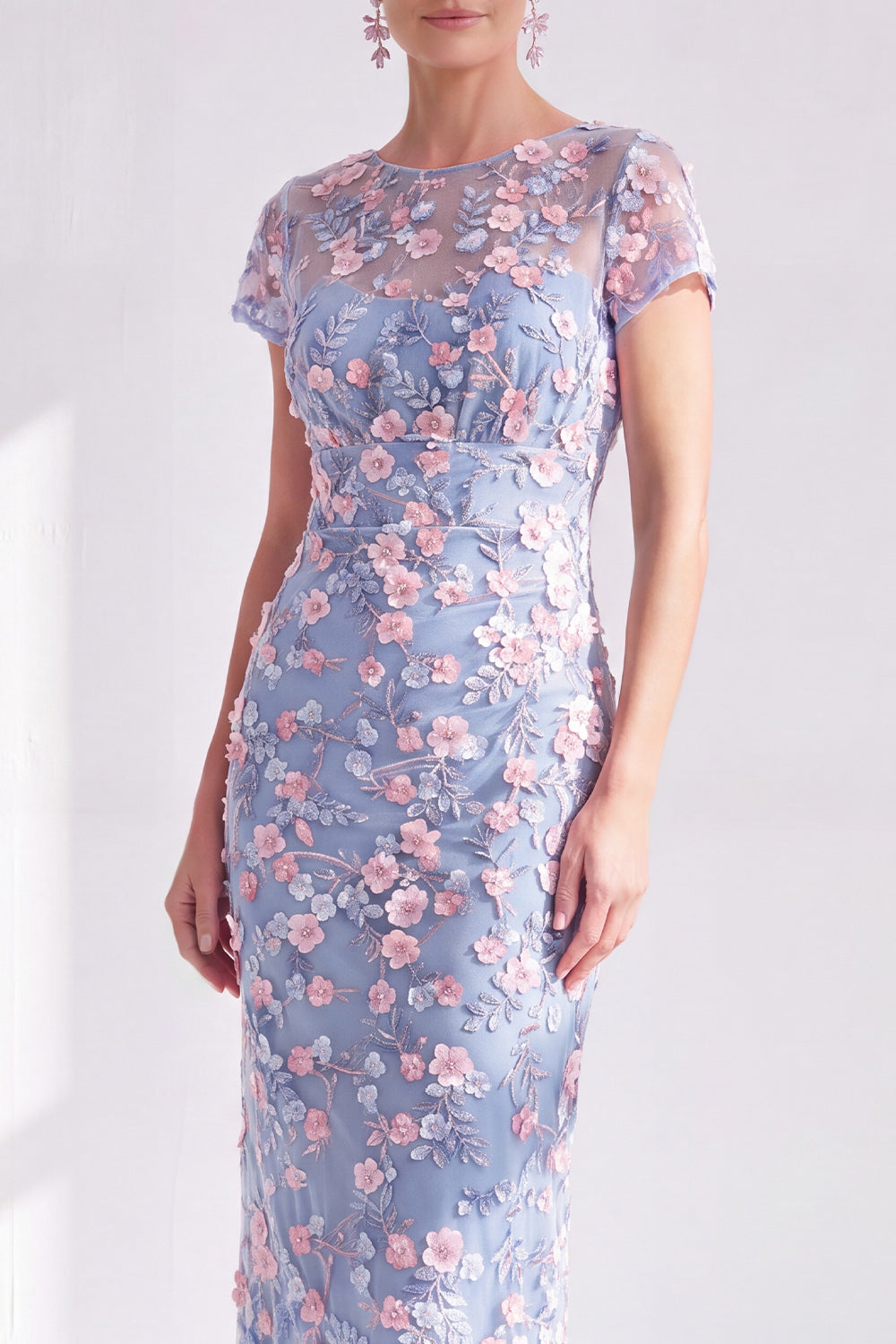 Dusty Sage Illusion Round Neck Midi Wedding Guest Dress with 3D Flowers
