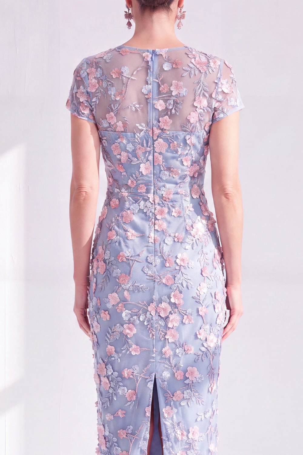 Dusty Sage Illusion Round Neck Midi Wedding Guest Dress with 3D Flowers