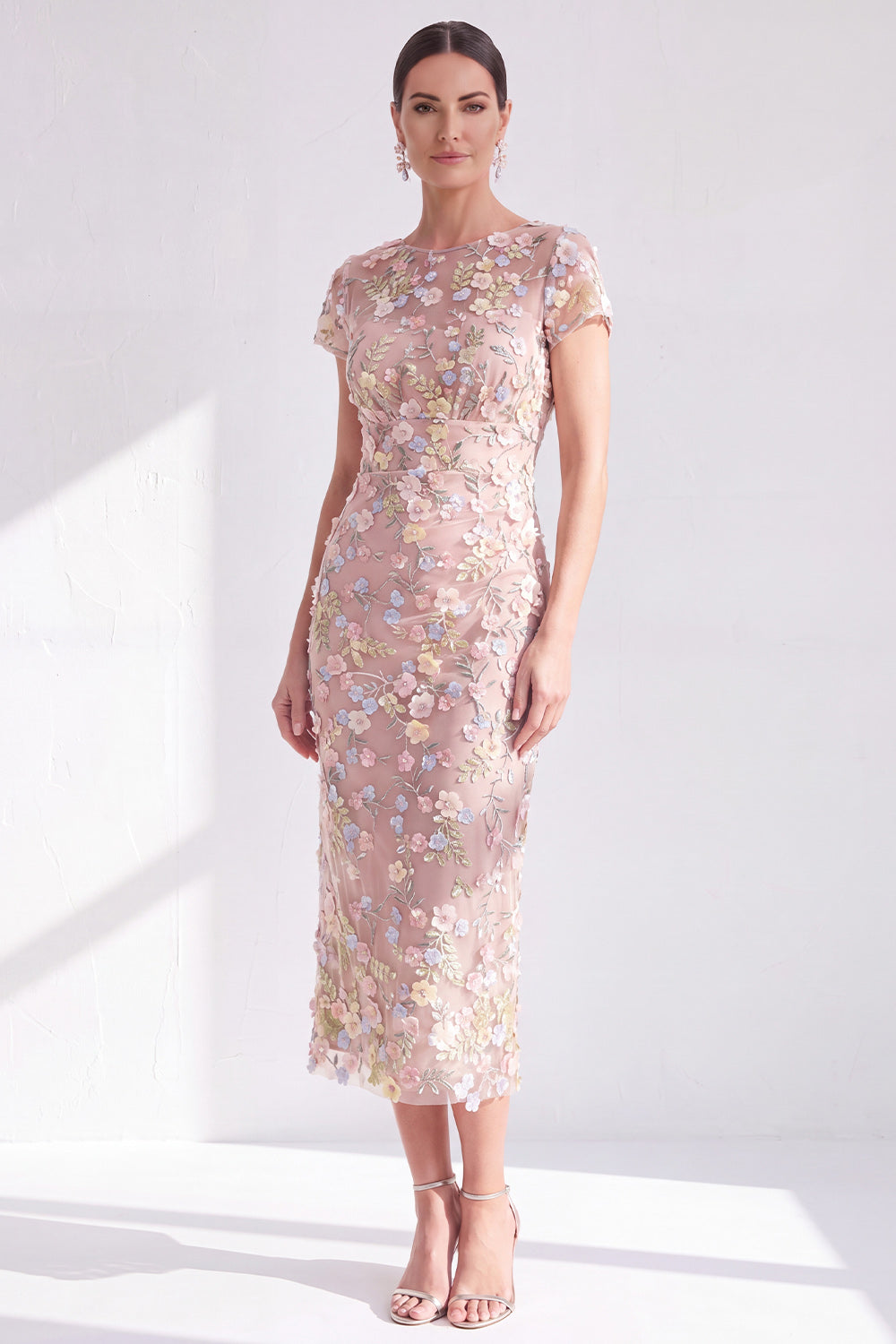 Dusty Sage Illusion Round Neck Midi Wedding Guest Dress with 3D Flowers