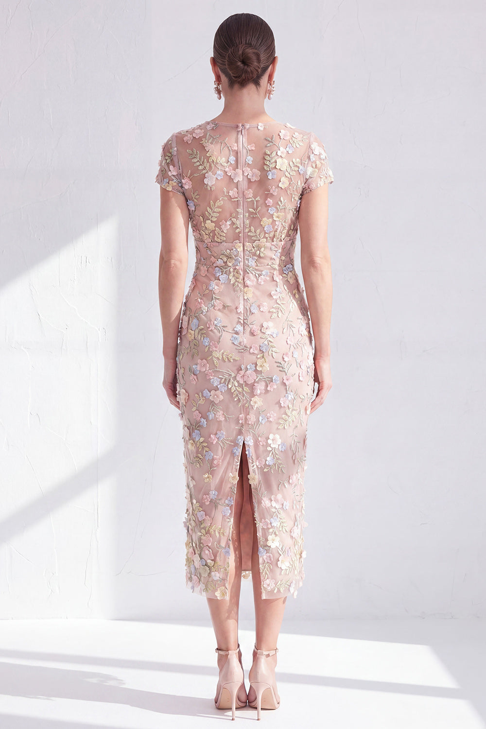 Dusty Sage Illusion Round Neck Midi Wedding Guest Dress with 3D Flowers