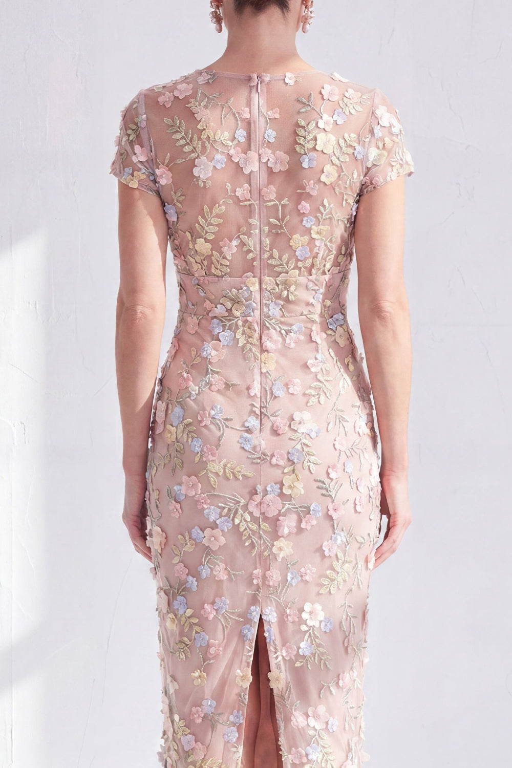 Dusty Sage Illusion Round Neck Midi Wedding Guest Dress with 3D Flowers