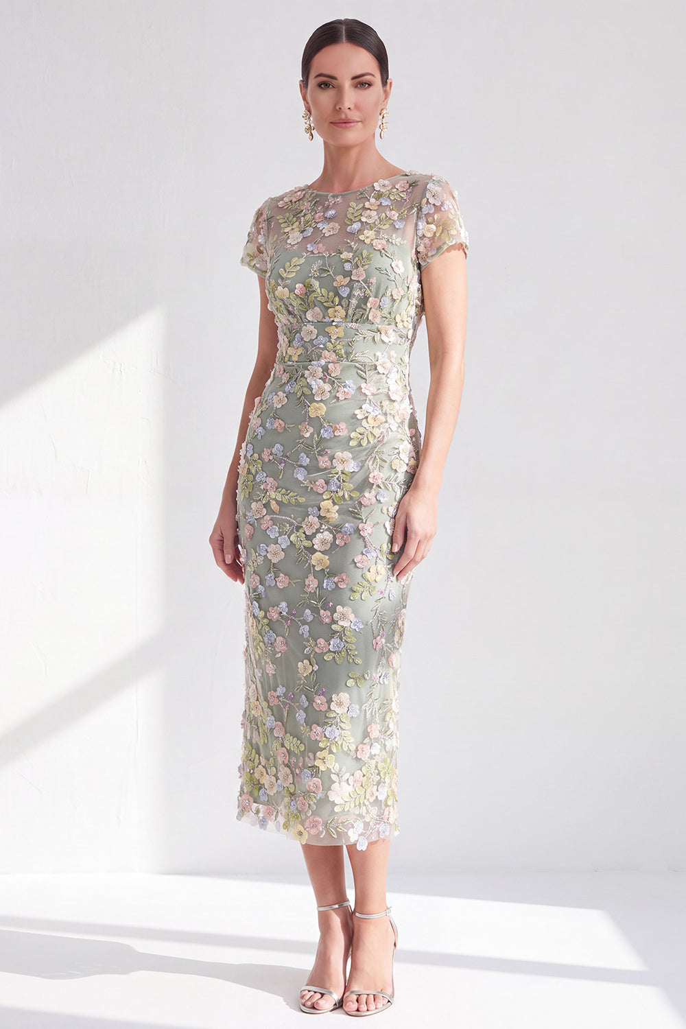 Dusty Sage Illusion Round Neck Midi Wedding Guest Dress with 3D Flowers