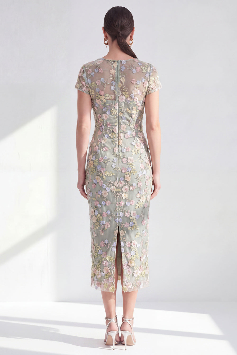 Dusty Sage Illusion Round Neck Midi Wedding Guest Dress with 3D Flowers