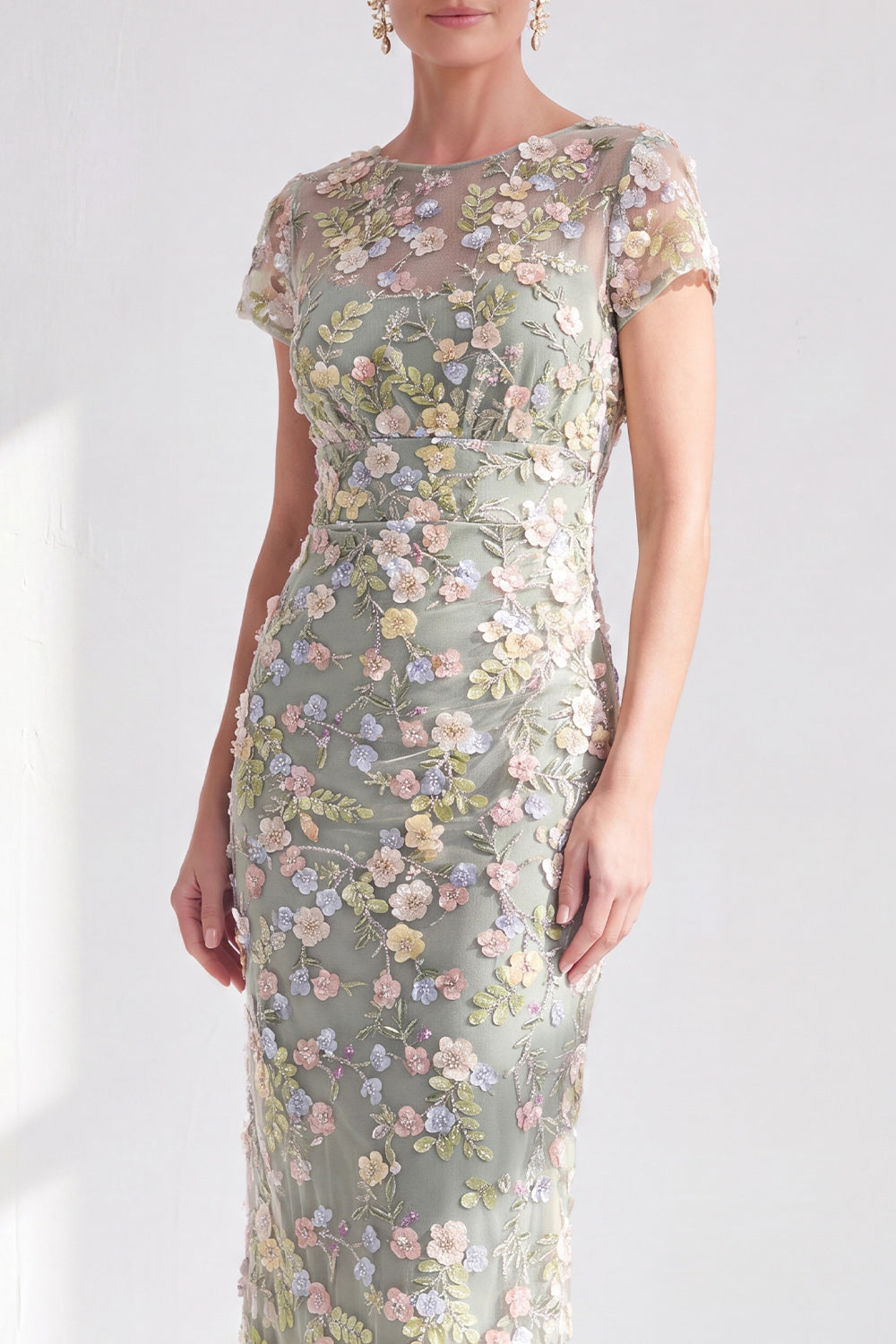 Dusty Sage Illusion Round Neck Midi Wedding Guest Dress with 3D Flowers
