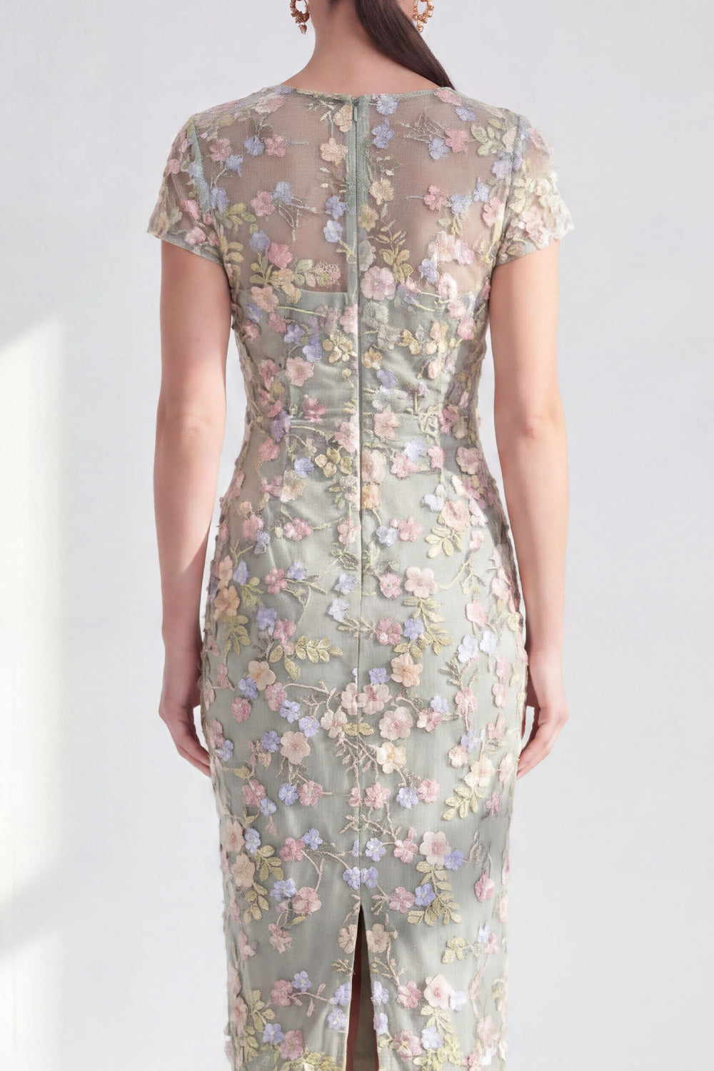 Dusty Sage Illusion Round Neck Midi Wedding Guest Dress with 3D Flowers