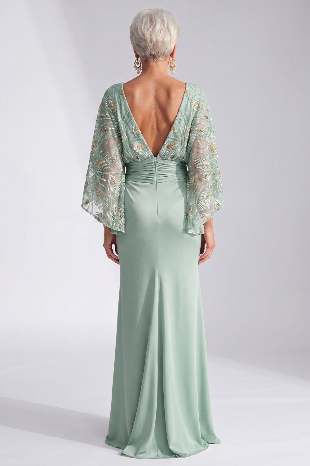 Sparkly Green Mermaid Boat Neck Long Wedding Guest Dress with Sleeves