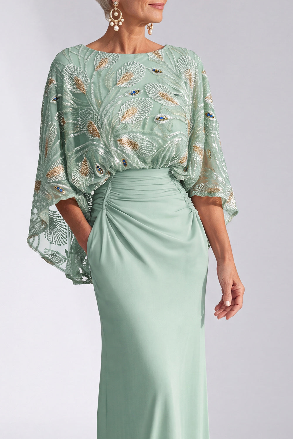 Sparkly Green Mermaid Boat Neck Long Wedding Guest Dress with Sleeves