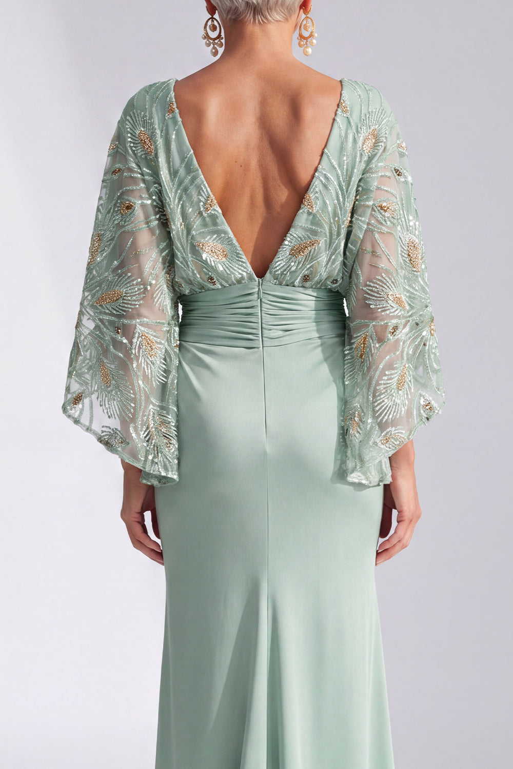 Sparkly Green Mermaid Boat Neck Long Wedding Guest Dress with Sleeves