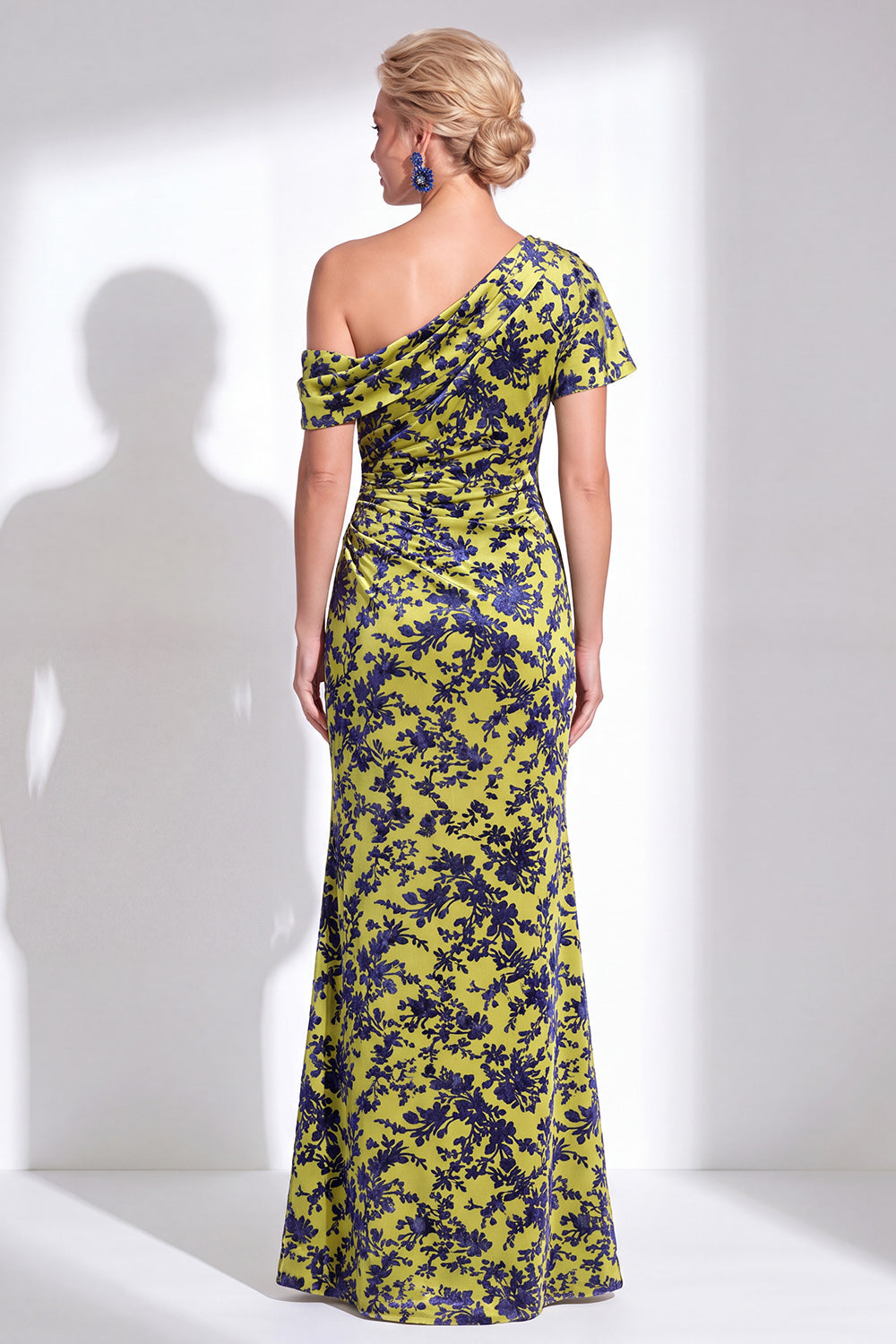 Floral Blue Mermaid One Shoulder Long Wedding Guest Dress