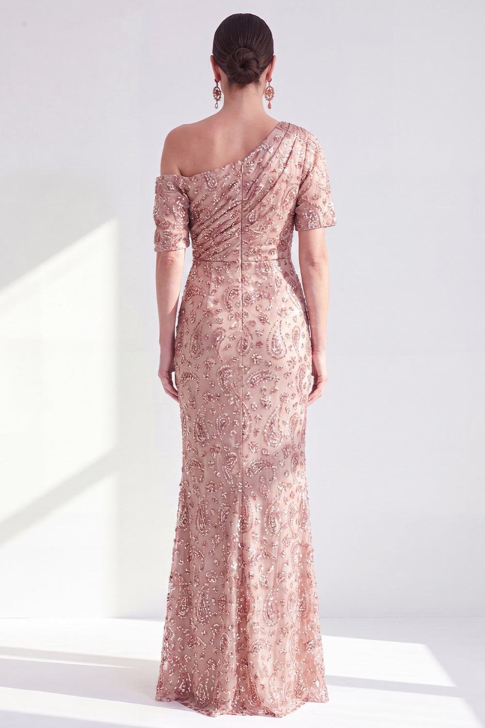 Sparkly Champagne Beaded One Shoulder Mermaid Long Wedding Guest Dress
