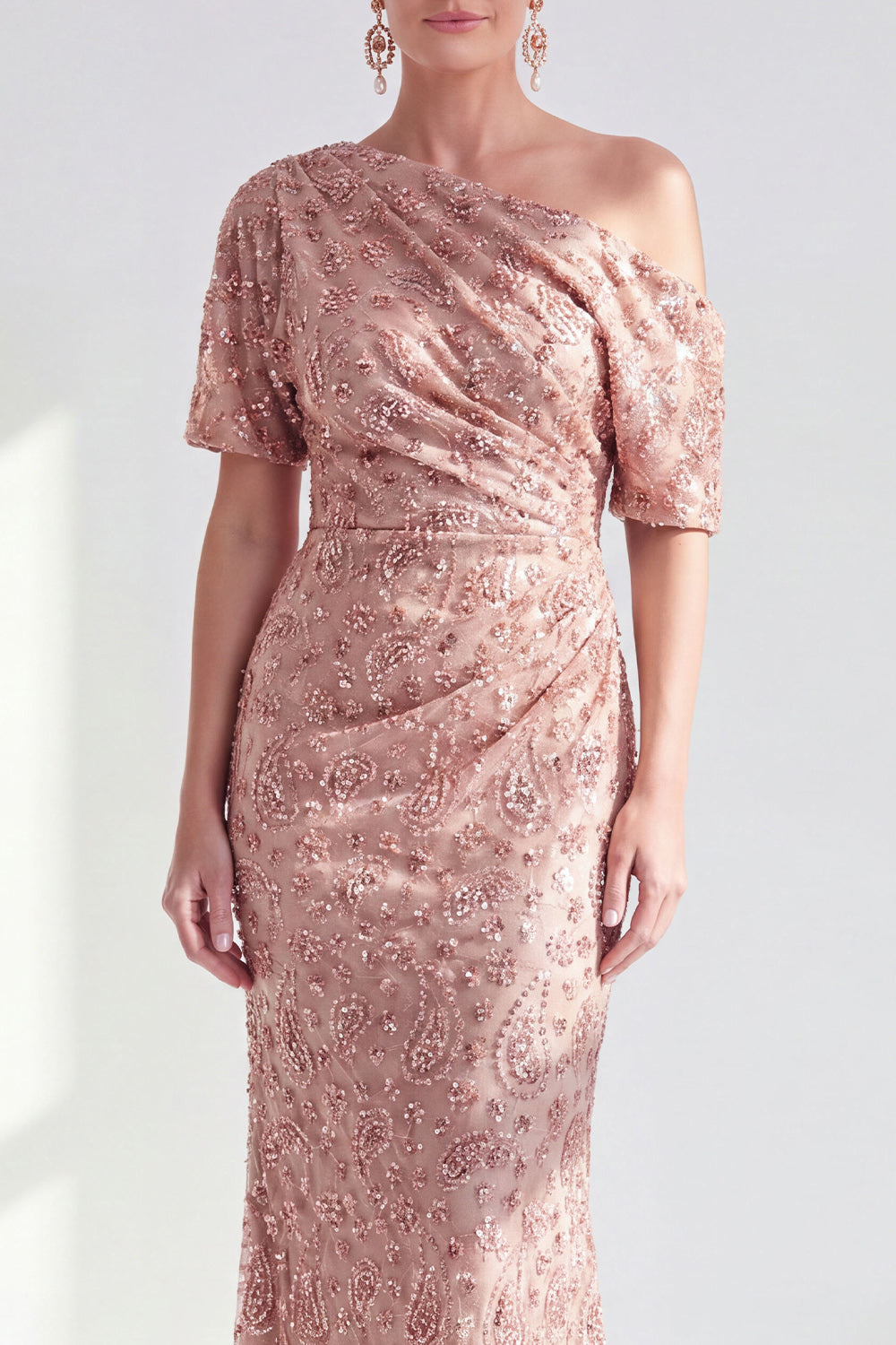 Sparkly Champagne Beaded One Shoulder Mermaid Long Wedding Guest Dress