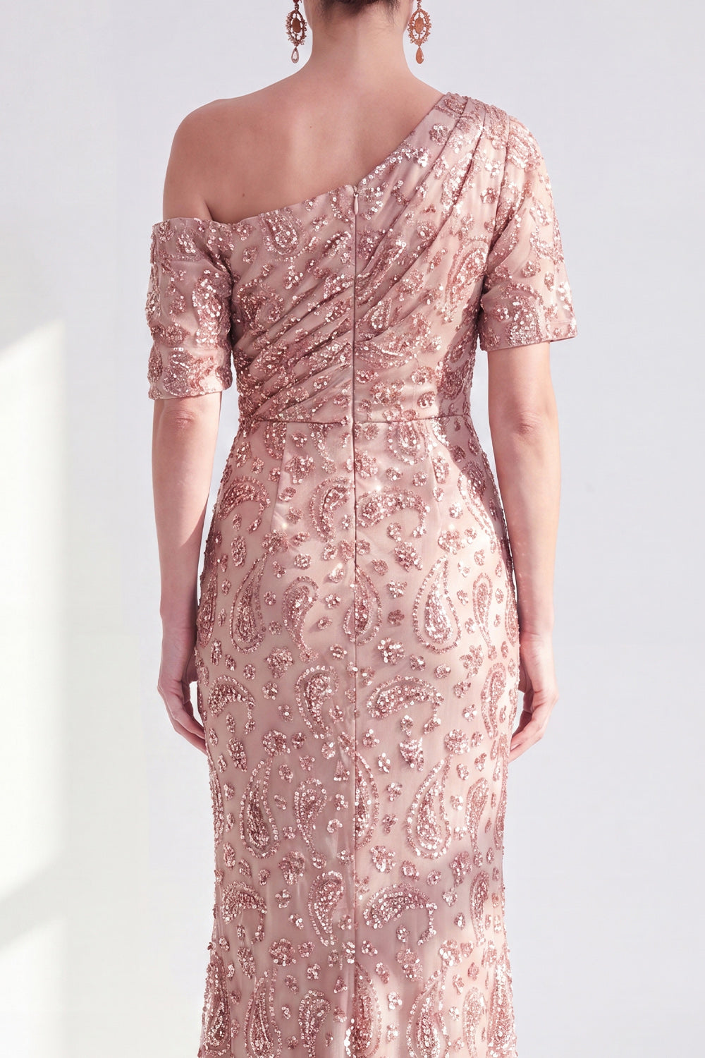 Sparkly Champagne Beaded One Shoulder Mermaid Long Wedding Guest Dress