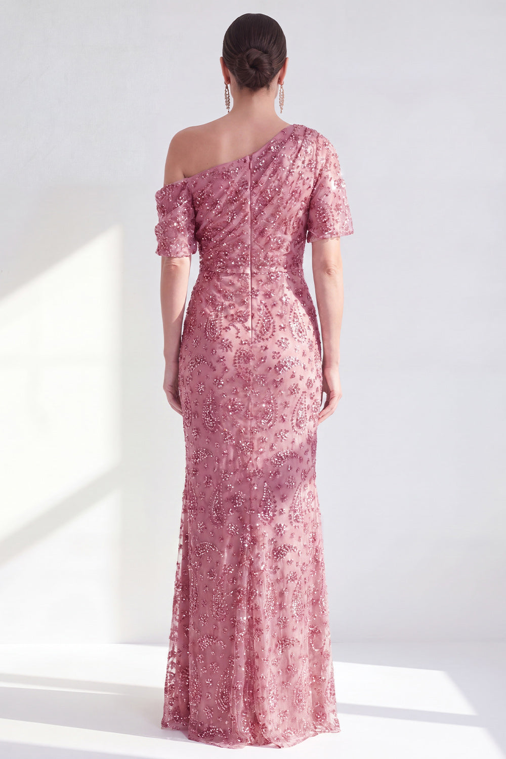 Sparkly Champagne Beaded One Shoulder Mermaid Long Wedding Guest Dress