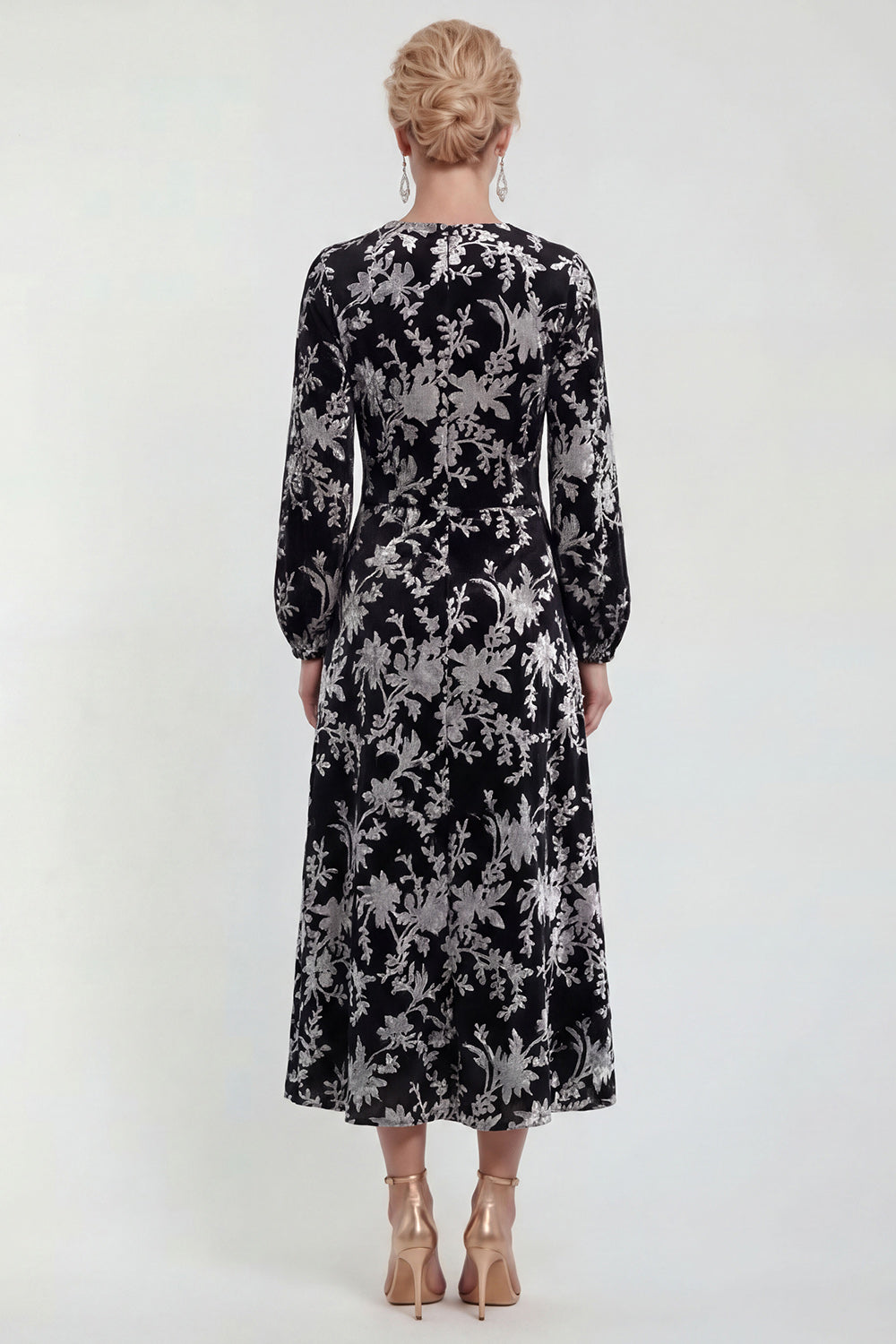 Floral Black Round Neck Midi Wedding Guest Dress with Sleeves