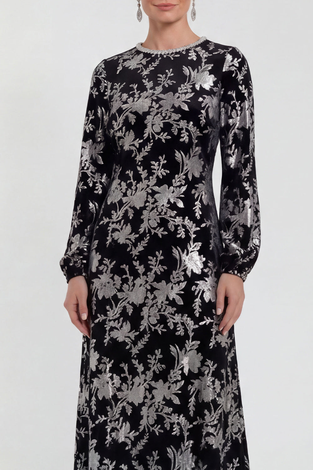 Floral Black Round Neck Midi Wedding Guest Dress with Sleeves