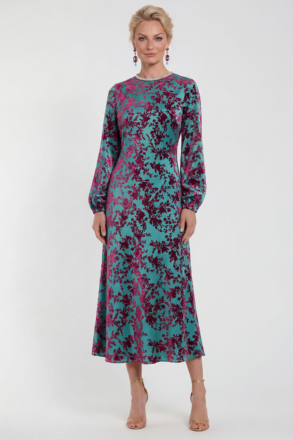 Floral Black Round Neck Midi Wedding Guest Dress with Sleeves