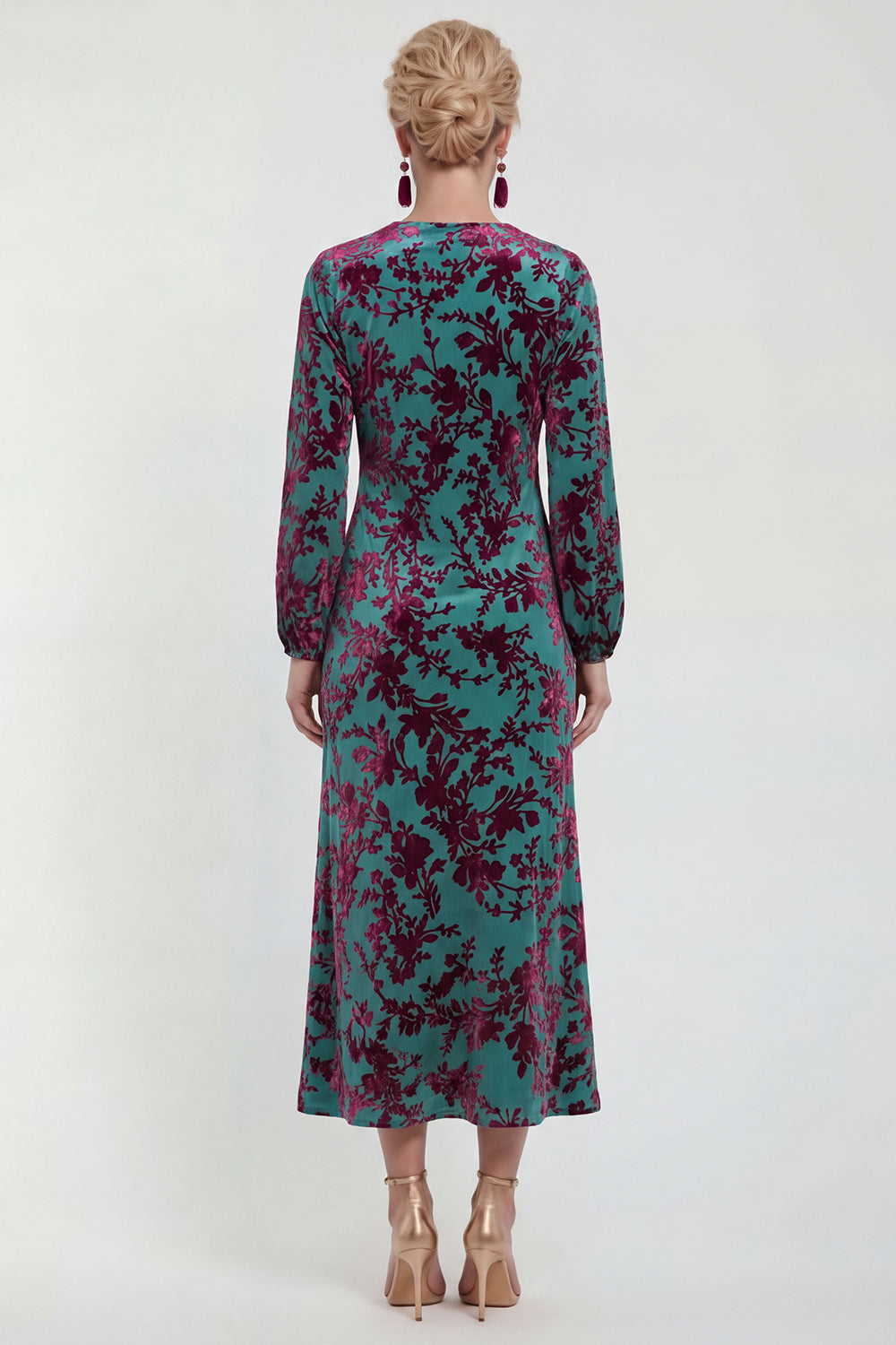 Floral Black Round Neck Midi Wedding Guest Dress with Sleeves