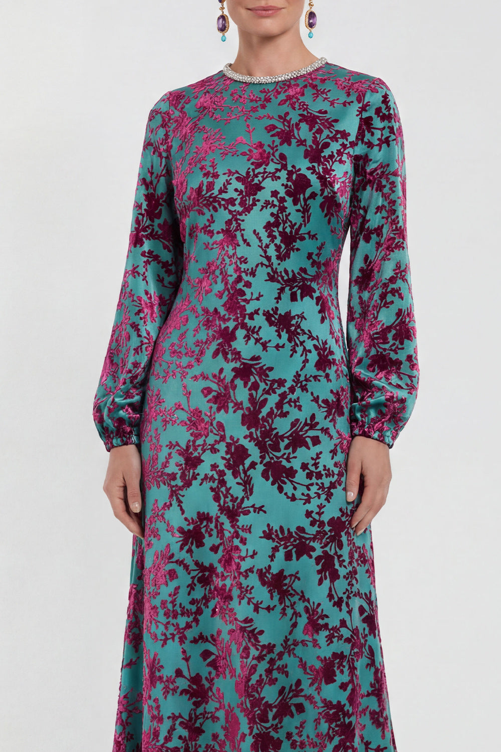 Floral Black Round Neck Midi Wedding Guest Dress with Sleeves