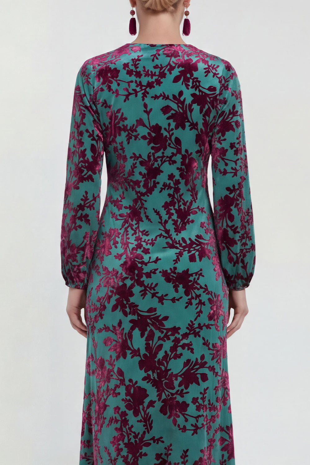 Floral Black Round Neck Midi Wedding Guest Dress with Sleeves