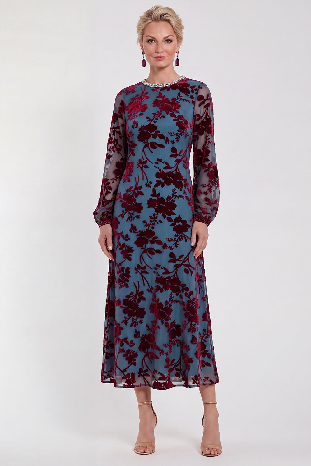 Floral Black Round Neck Midi Wedding Guest Dress with Sleeves