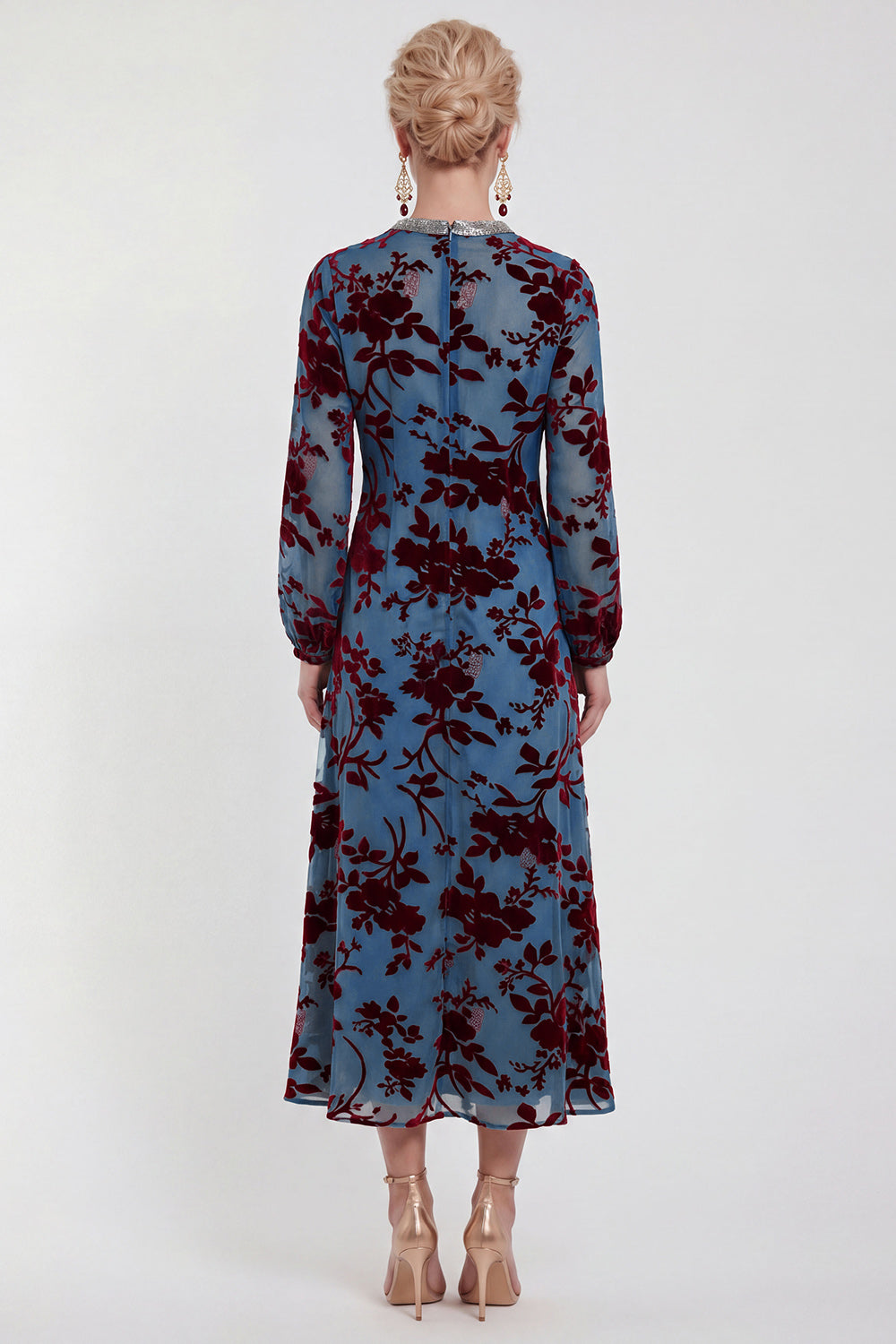 Floral Black Round Neck Midi Wedding Guest Dress with Sleeves