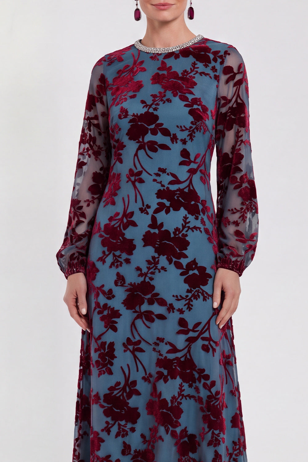 Floral Black Round Neck Midi Wedding Guest Dress with Sleeves