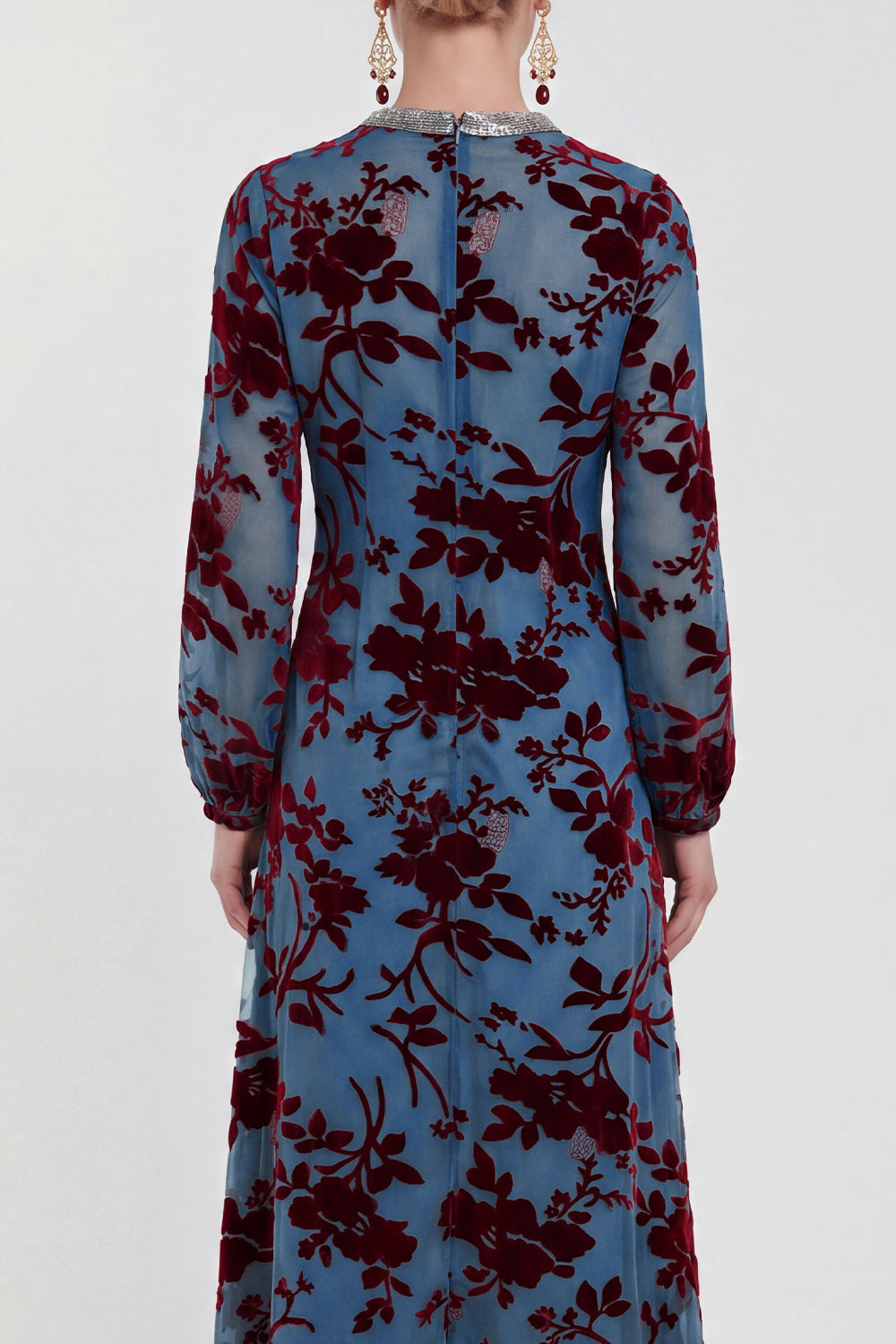 Floral Black Round Neck Midi Wedding Guest Dress with Sleeves