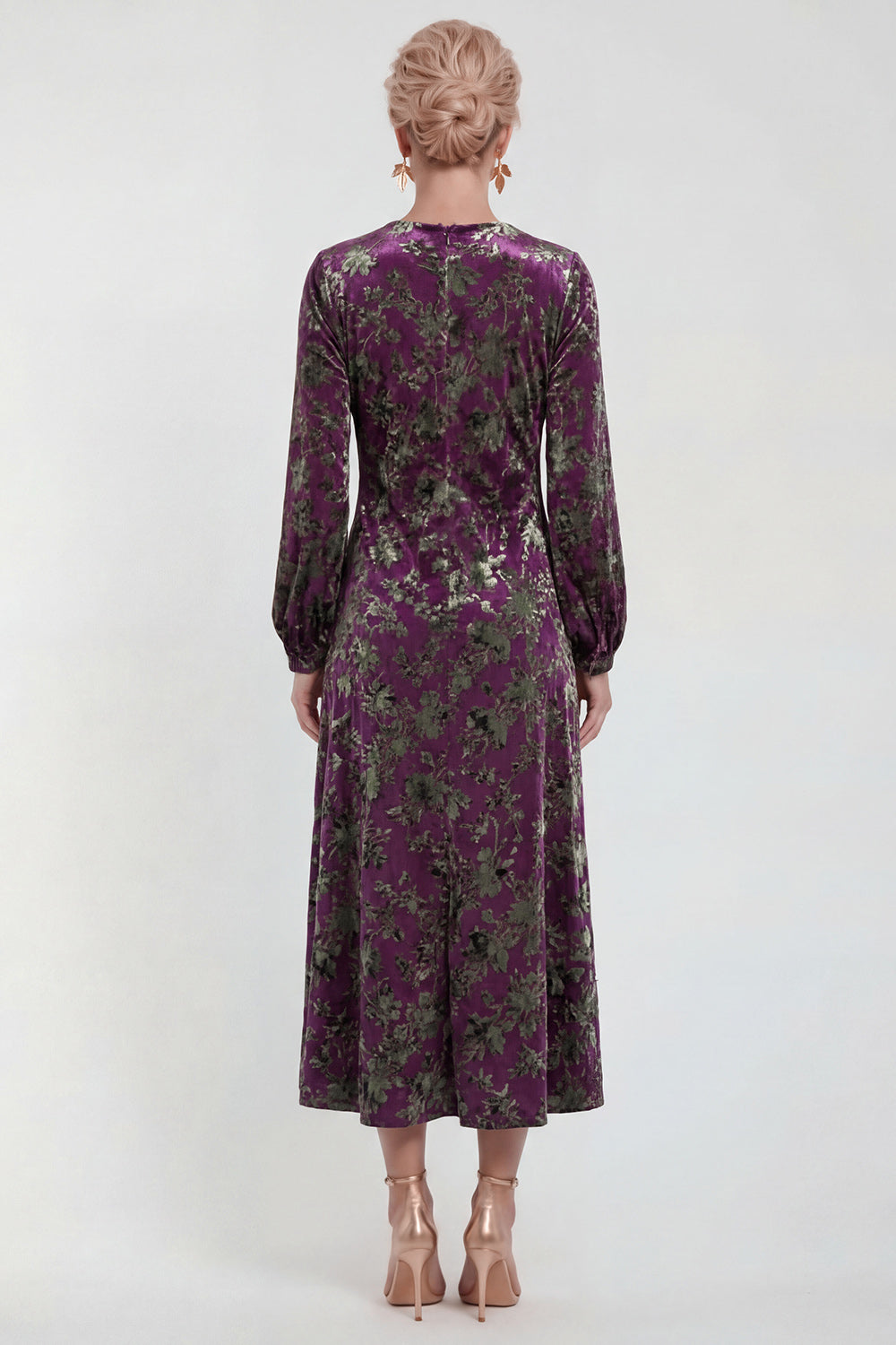 Floral Black Round Neck Midi Wedding Guest Dress with Sleeves